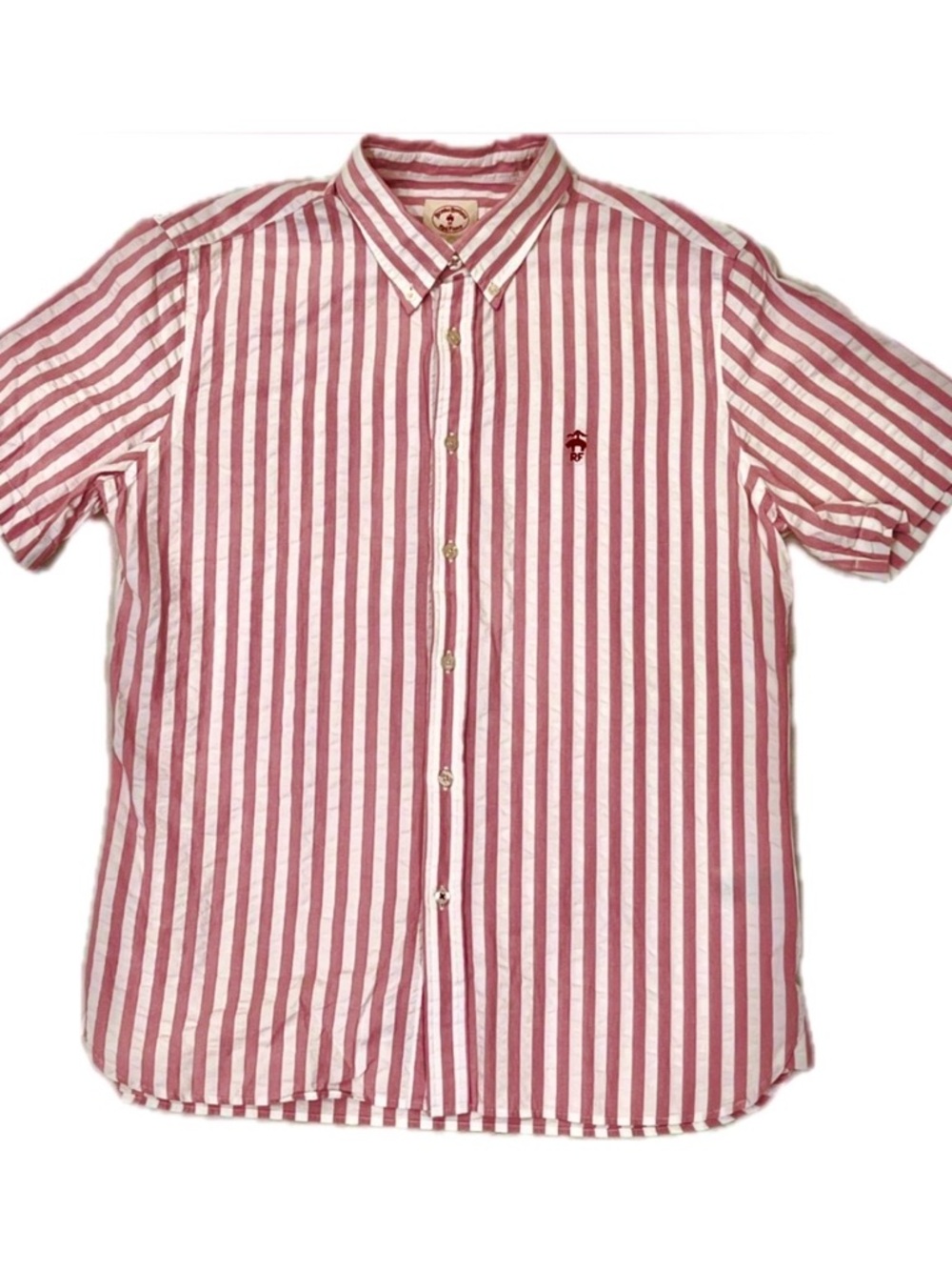 Brooks Brothers Men Red Fleece Pink Stripe Button Down Short Sleeve Shirt Large